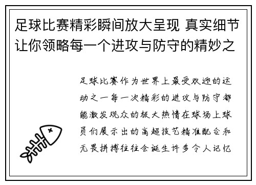 足球比赛精彩瞬间放大呈现 真实细节让你领略每一个进攻与防守的精妙之处