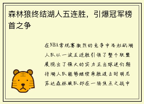 森林狼终结湖人五连胜，引爆冠军榜首之争