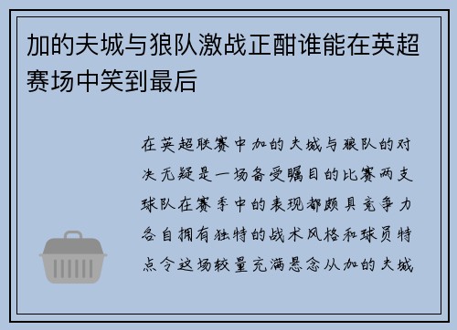 加的夫城与狼队激战正酣谁能在英超赛场中笑到最后